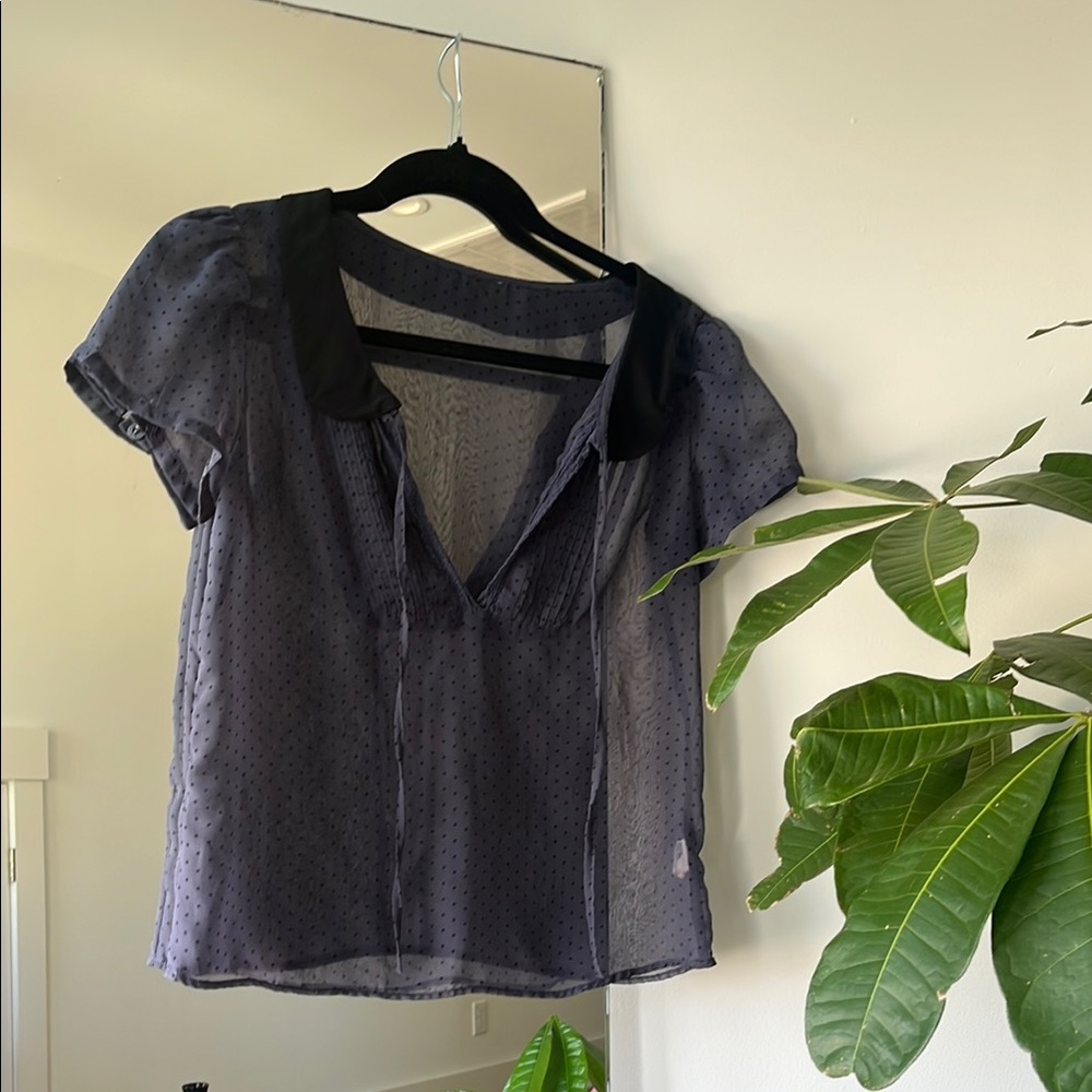 Blue Sheer Short Sleeve Blouse with Sailor Collar